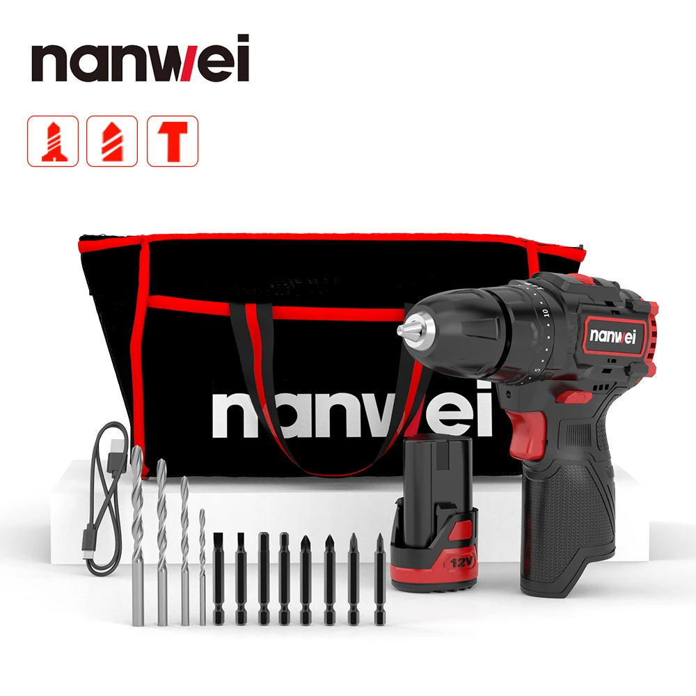 Nanwei Brushless Electric Hand Impact Drill 12V Mini Household Charging Tool Lithium Battery Multifunctional