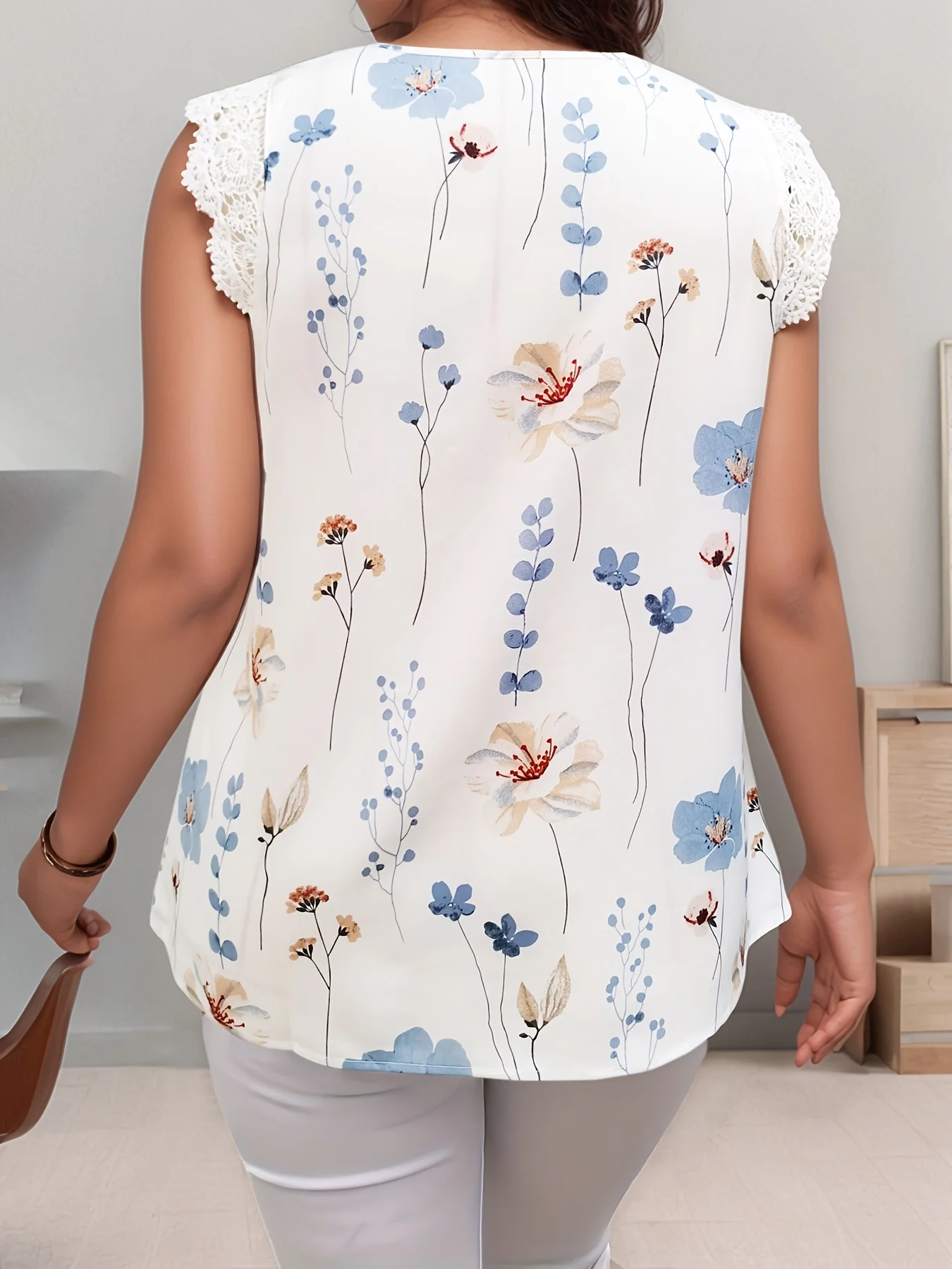 سترة نسائية أنيقة كبيرة الحجم مع طباعة الأزهار الياقة البتلة الخامس الرقبة الدانتيل الربط بلا أكمام لارتداء غير رسمي #4