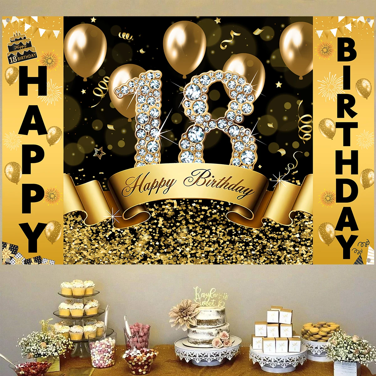 18/30/40 Years Old Black Gold Birthday Background Cloth Happy Birthday Party Decor Adults Photograph Backdrop Anniversary Party