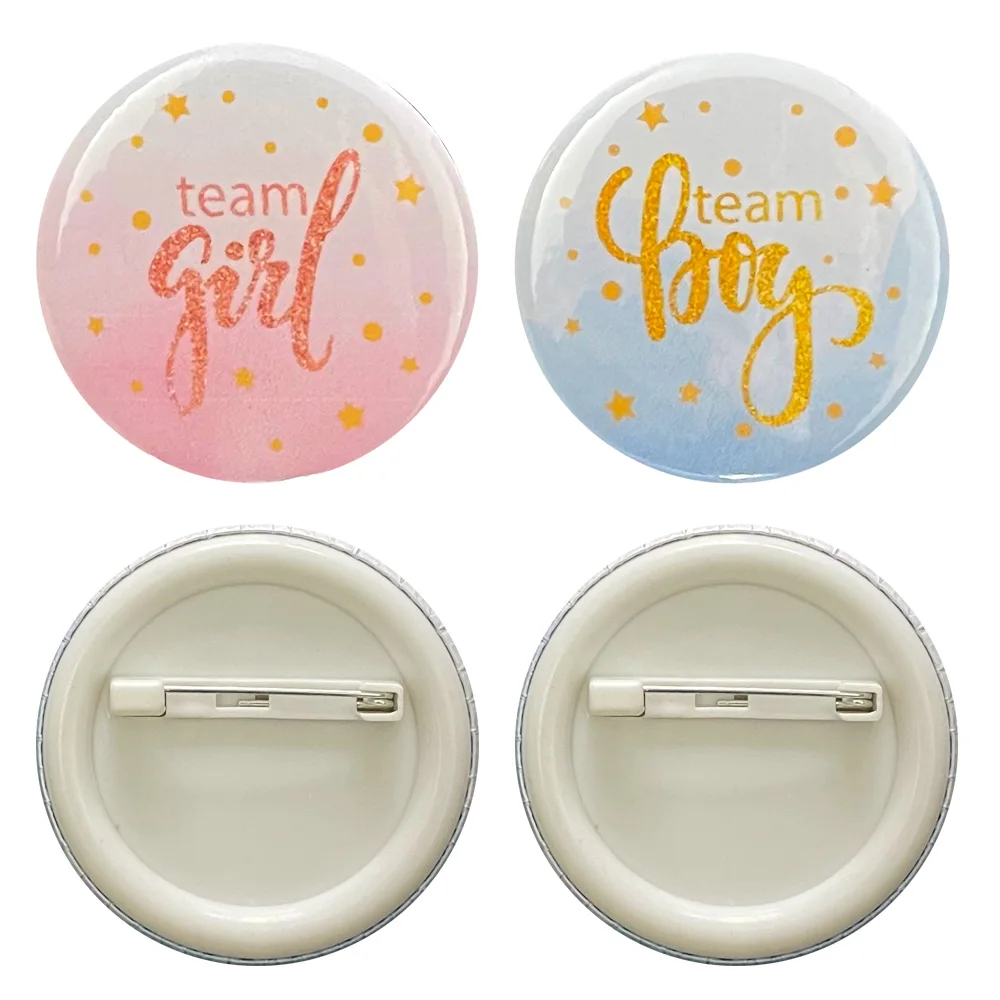 24pcs/Set Gender Reveal Button Pins Team Boy or Girl Pink and Blue Sky Round Decorative Baby Shower Decorations 44mm