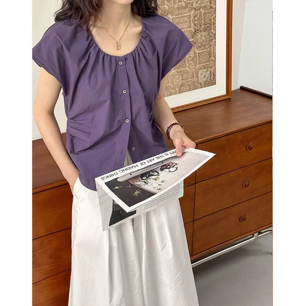 

Juzhi Retro round Neck Short T-shirt Women's Summer New Design Sense Waist Flying Sleeve Top