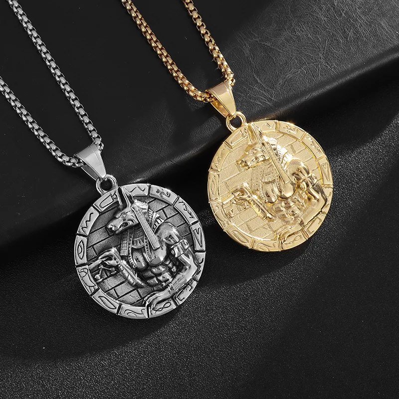 

Stainless steel Ancient Egyptian Death of Anubis Round pendant necklace - Rap jewelry accessories