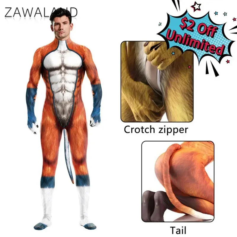 Zawalland animal beast mono unisex de cobertura completa, mono elástico para fiesta sexual, lobo, zentai, disfraz de Halloween, disfraz de cosplay