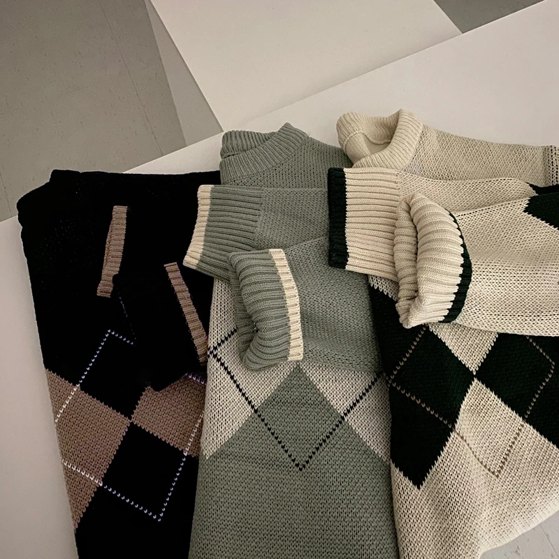 Fall Winter Vintage Loose Knitted Sweater & Jumpers Women Square Plaid Pullovers Cable Knit Tops 2023