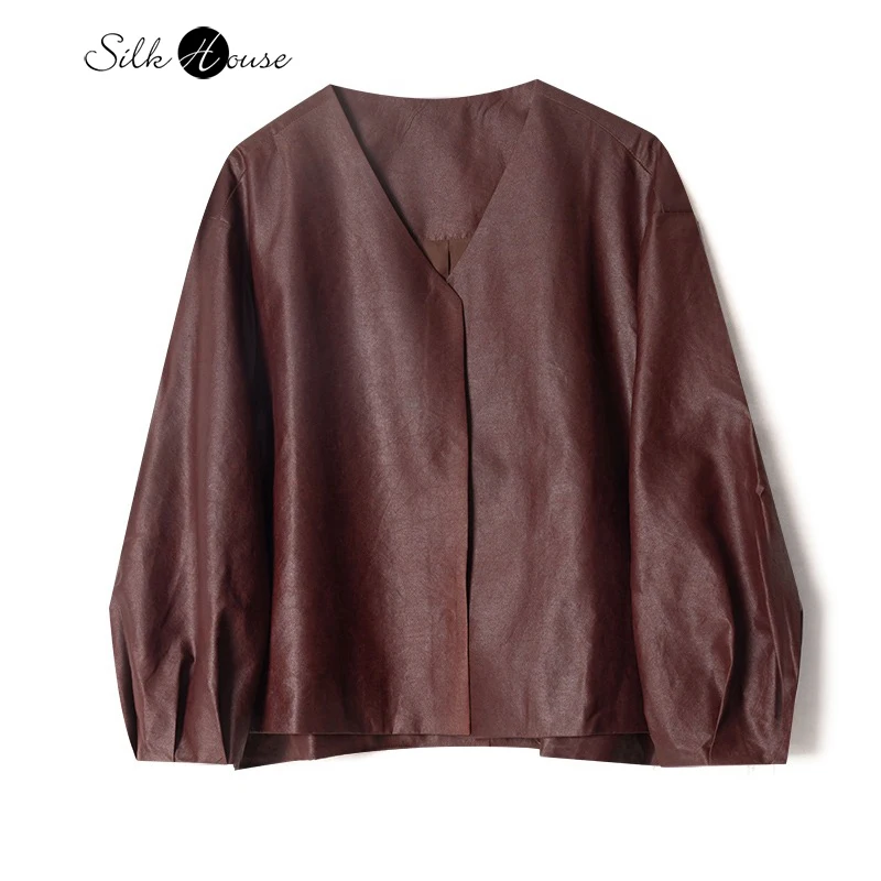 Chaqueta de mujer minimalista con cuello en V, estilo extremadamente Simple, 100% chino, seda de morera Natural, Jacquard, diseño de hilo de nube roja