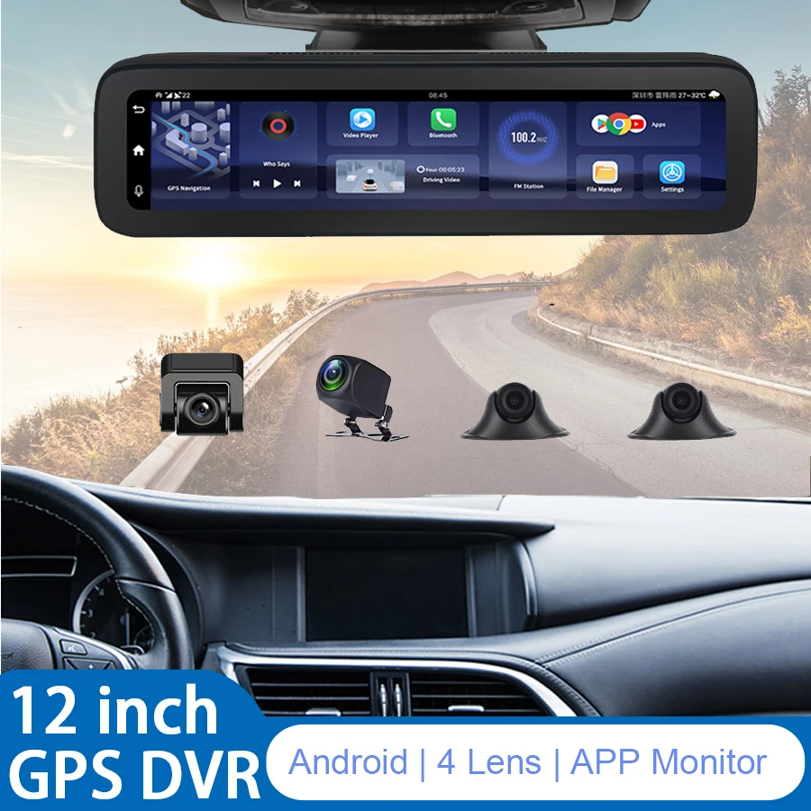 

12 Inch Dash Cam 4 Cameras 360° panoramic surveillance video recorder Android 8.1 Truck Vehicle GPS WIFI 4 Channel ADAS Car DVR