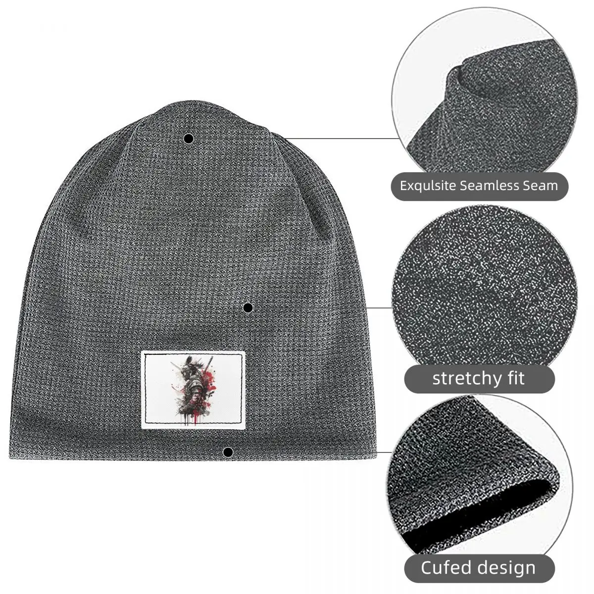 Japanese Samurai Warrior Waffle Knit Fleece Lined Beanie with PU Leather Patch Unisex Warm Winter Soft Cap