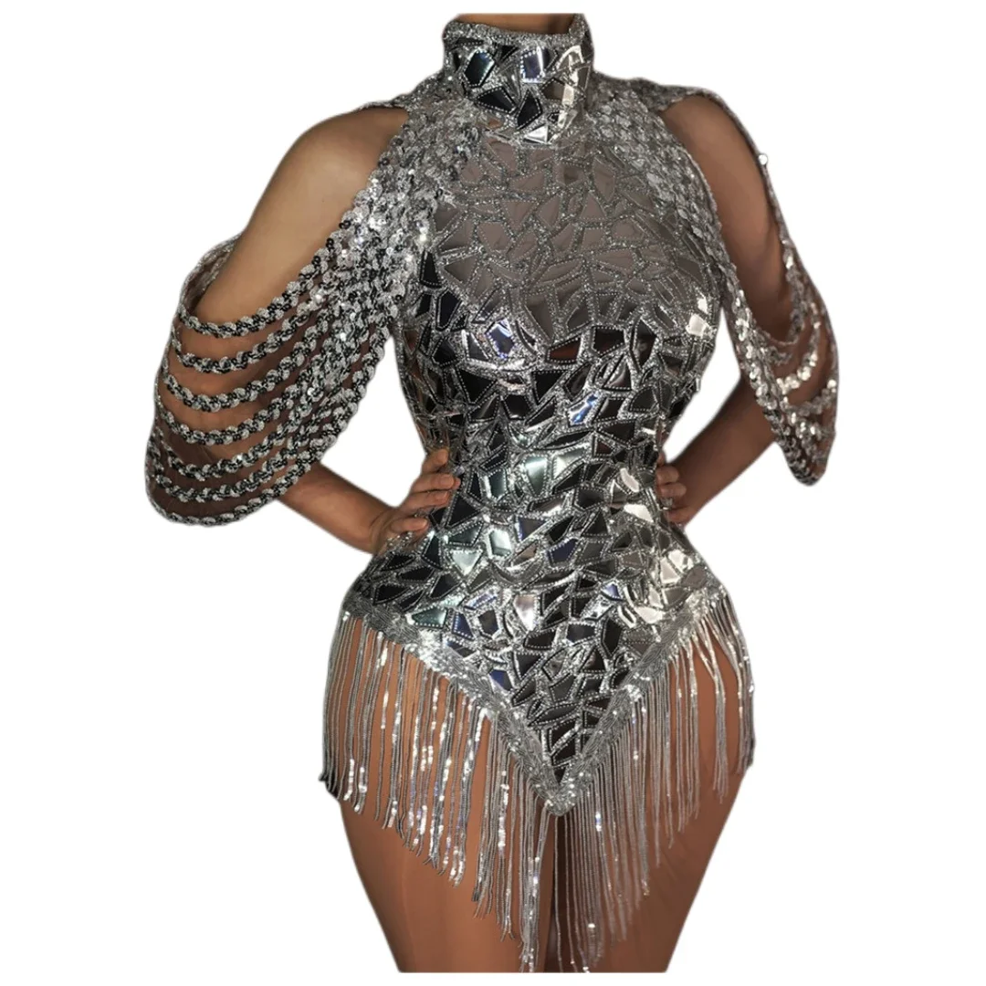 New Sparkly Silver Fade Mirrors Women Sexy Bodycon Mini Dress Tassel Performance Costume Bar Dancer Night Club Dress Stage Wear