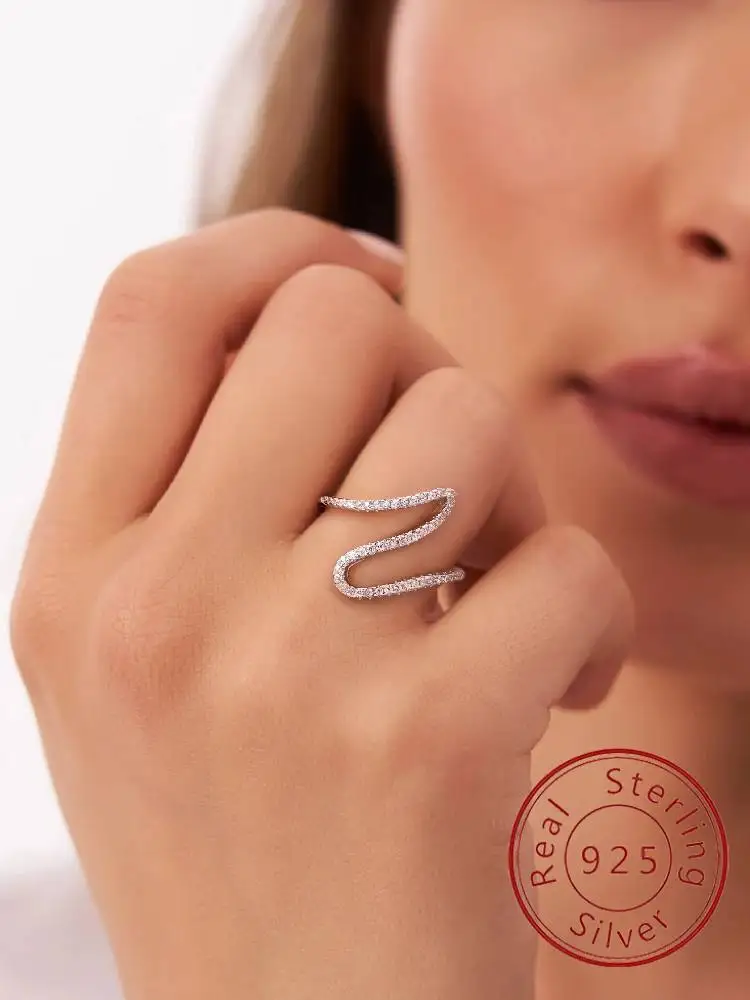 

925 Sterling Silver Luxury Brilliant Three Layer Wavy Line Full Zircon Ring For Women Anniversary High Quality Fine Jewelry