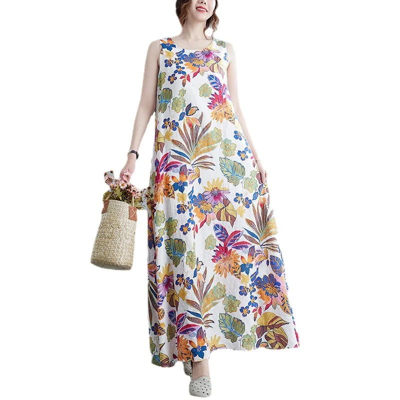 Estate nuove donne vintage allentate stampate senza maniche in cotone e canapa abito moda donna canotta abiti con cinturino maxi abiti