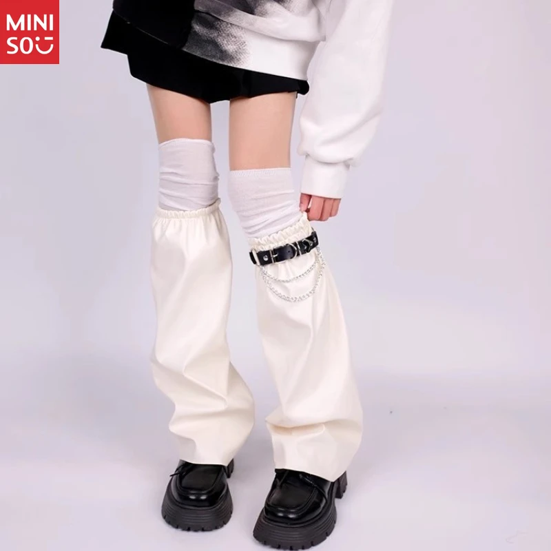 Miniso Y2K レザーレッグウォーマー、インスタグラムファッション用パンクブーツソックス