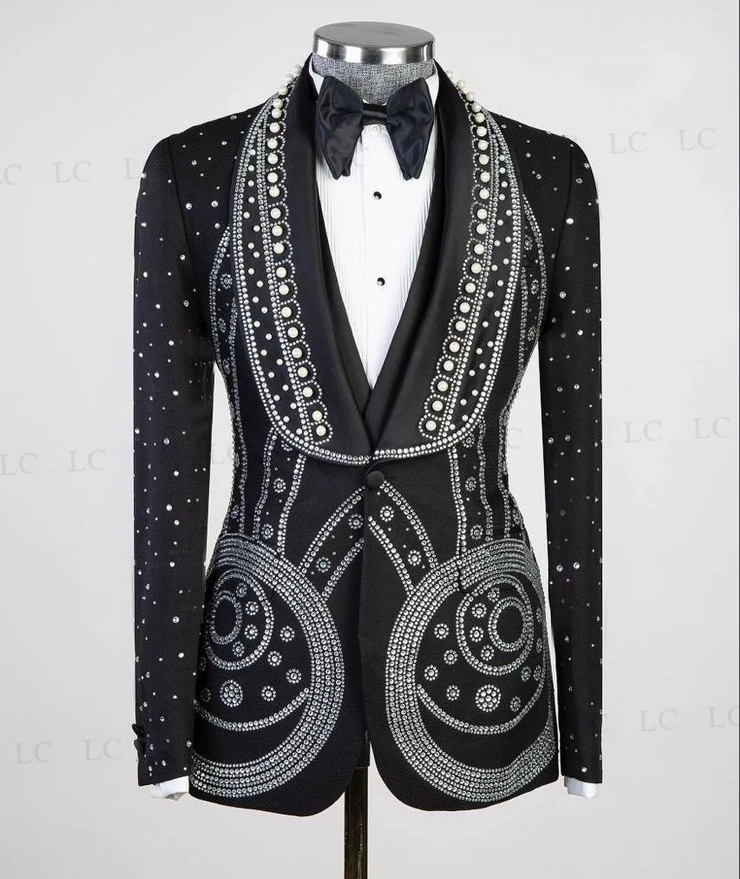 Pearls Diamonds 3 Piece Blazer One Button Pants Men Suits Tuxedo Beadings Fashion Party Wear Prom Wedding Groom Plus Size Custom