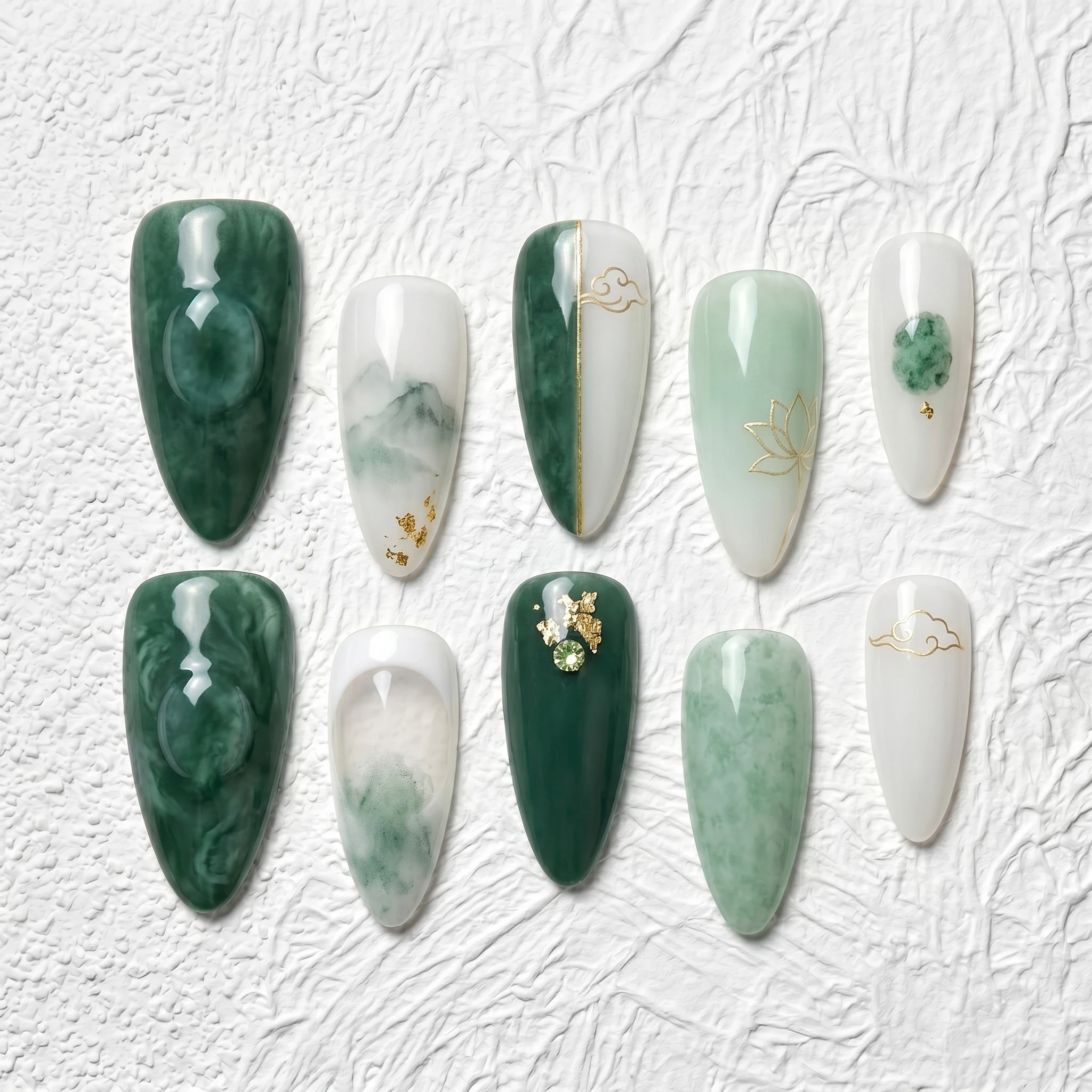 Artisan Handcrafted 10PCS Elegant Almond Press-On Nails | Jade Green White Cloud Lotus, Glazed Pearl Details, Bridal Holiday Wea