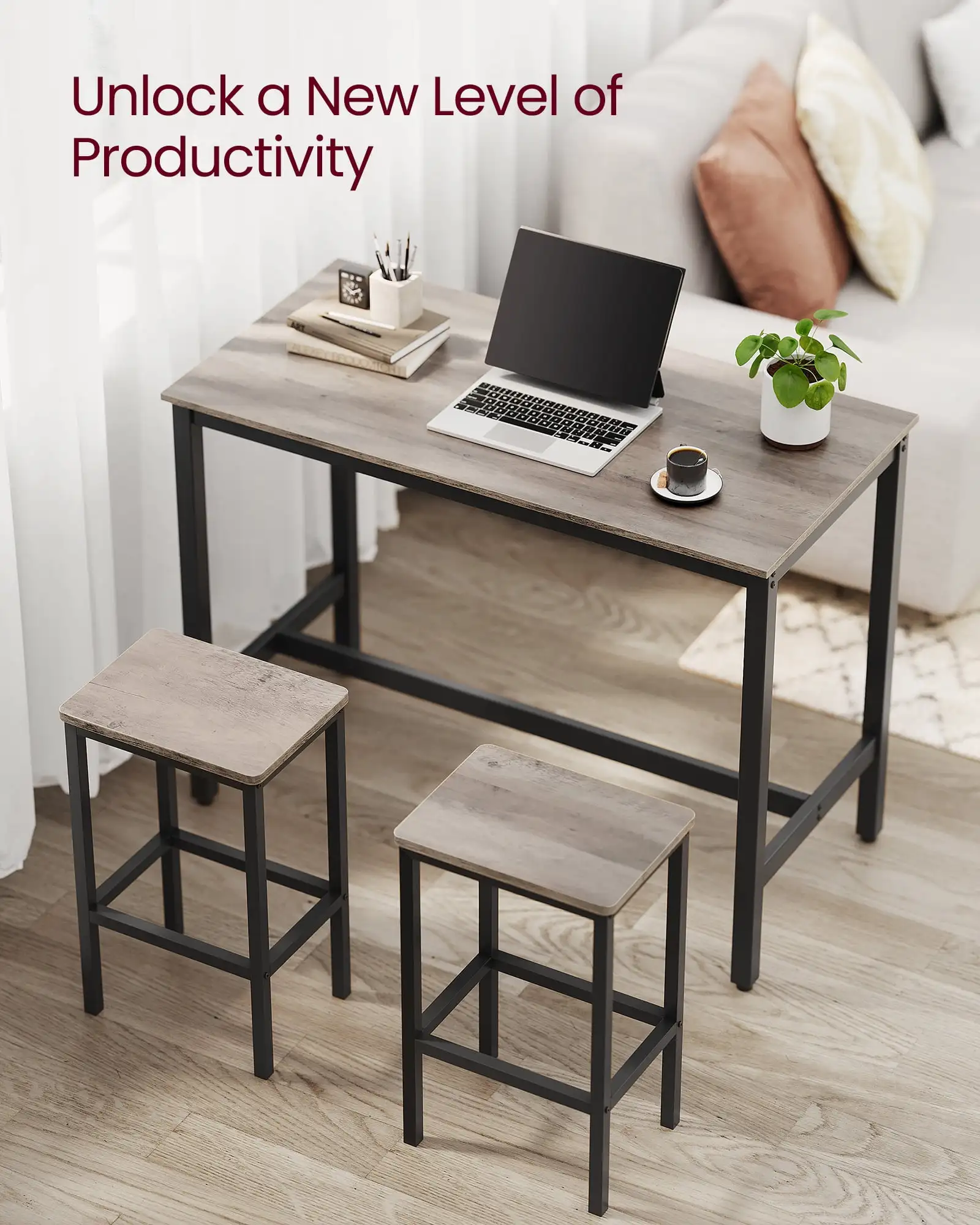 Industrial Bar Table Set Dining Table Kitchen Dining Table Set with 2 Stools Greige and Black