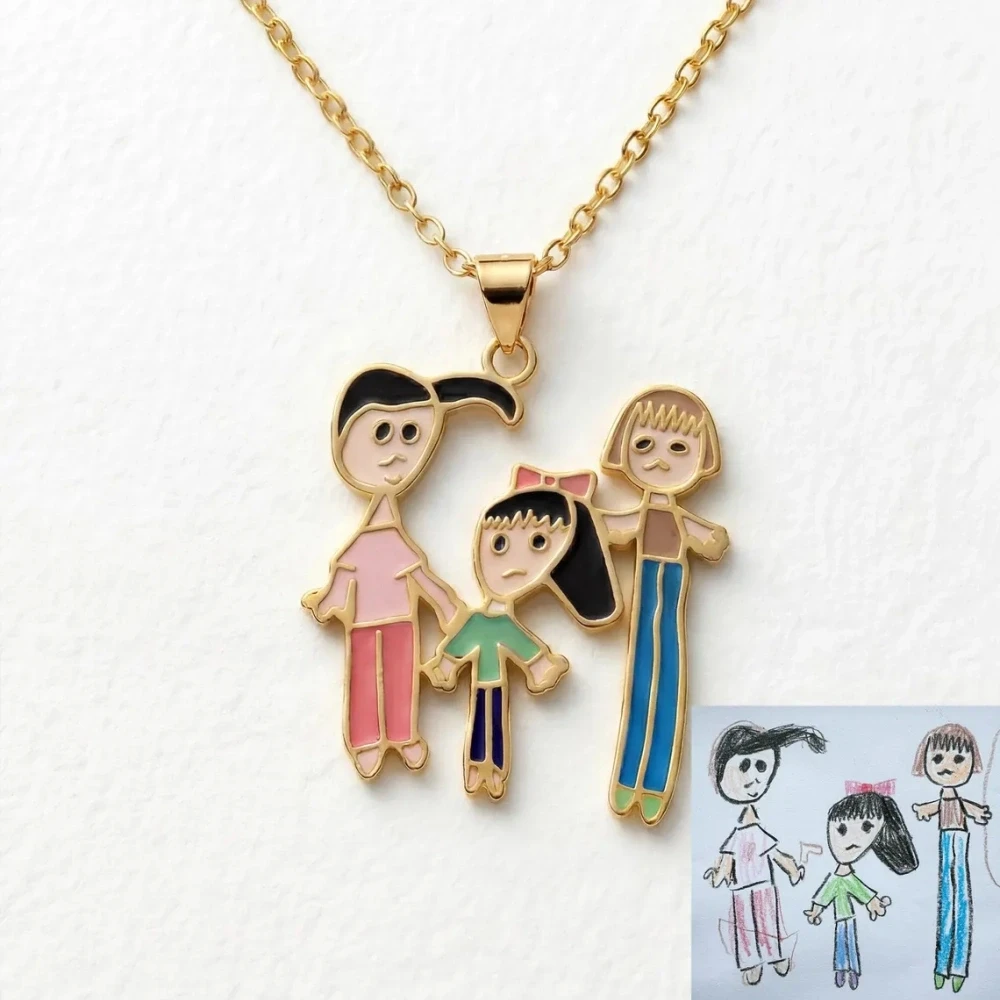 Custom Kids Drawing Necklace Women Children Jewelry Stainless Steel Personalized Painting Sketches Pendant Necklace Mama Gifts