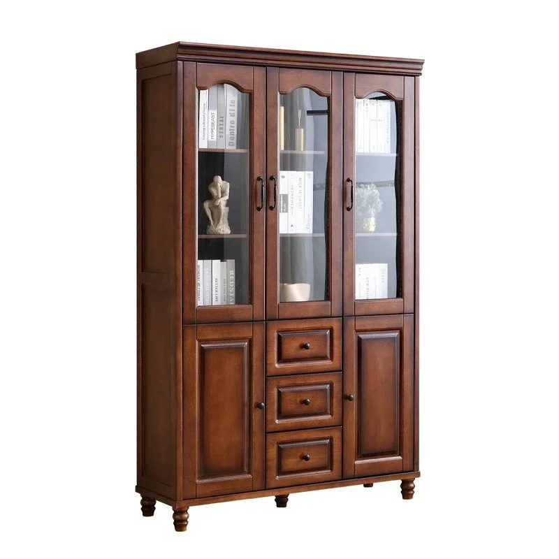 

American rural solid wood bookcase combination storage with glass door floor-to-ceiling retro storage