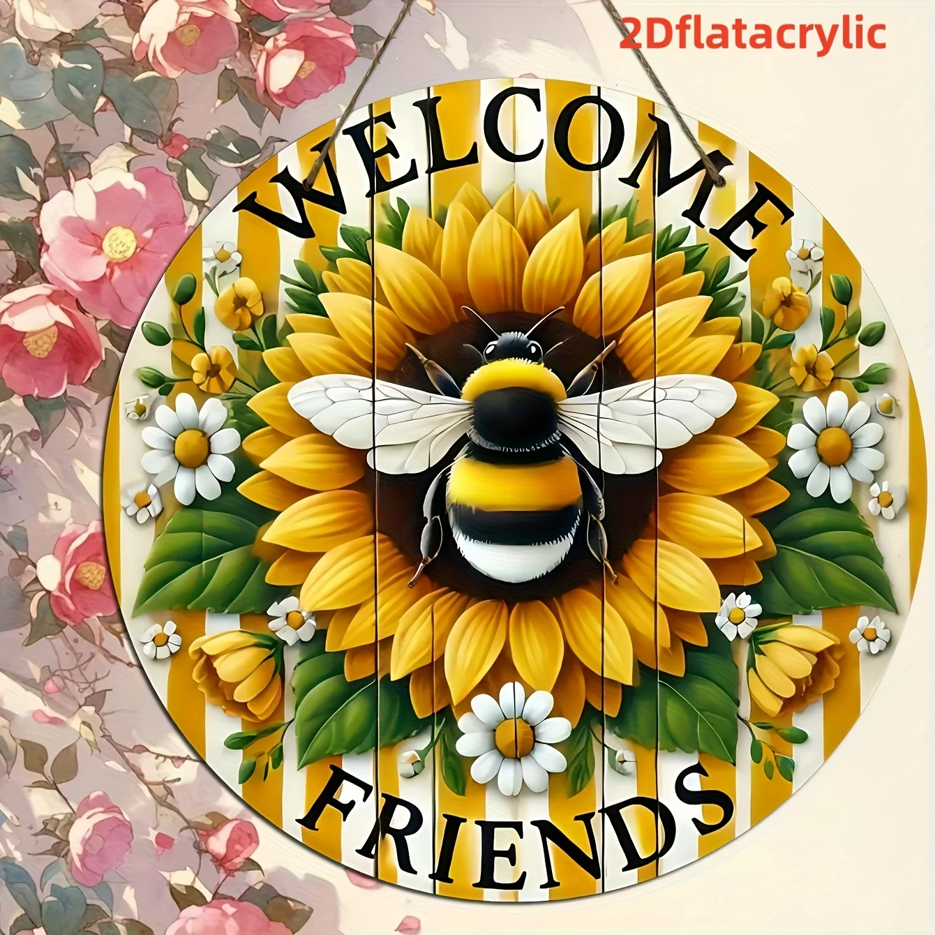 2D Flat 1pc Rustic Wooden Welcome Sign - Round Double-Sided Wall Decor, with Bumblebee And Sunflower Patterns, Suitable for Home