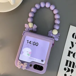 Cute Bow Beads Bracelet Purple Hinge Phone Case for Samsung Galaxy Z Flip 6 5 4 3 Flip6 Zflip5 Cover