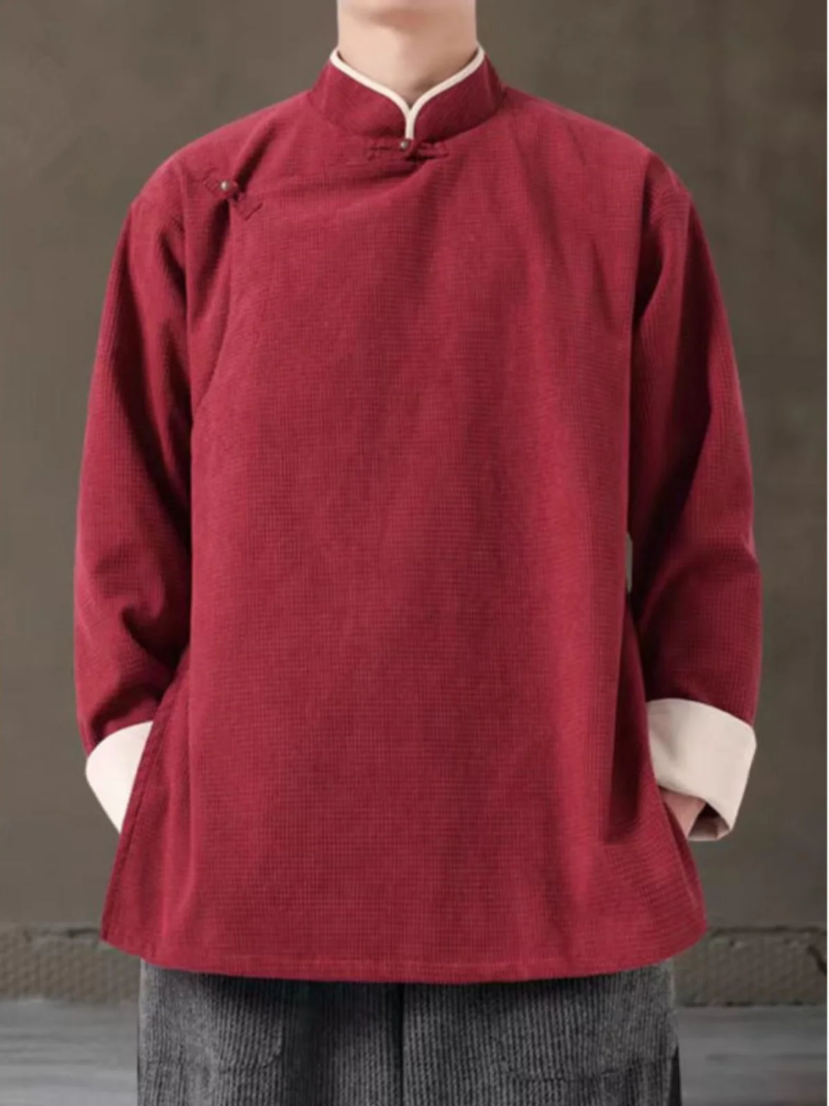 

Loose Men's Hanfu Jaet Spring Autumn Trendy Youth Chinese Sle Button Decorated Non-Ironed Long Sve Thiened Polyester