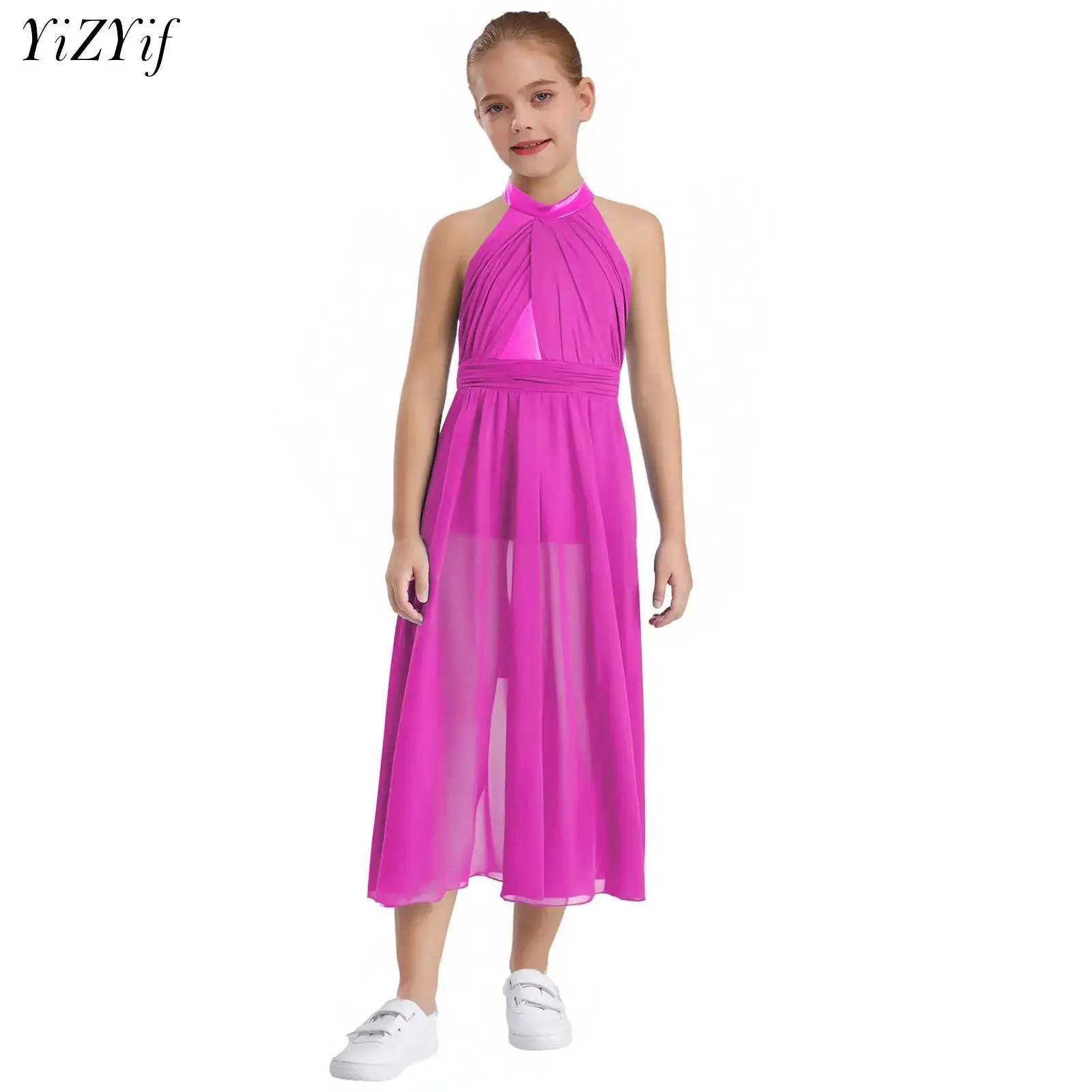 

Girls Sleeveless Ruched Ballet Lyrical Dress Mesh Split Chiffon Dance Dress Modern Contemporary Competition Performance Costume