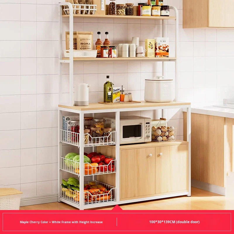 Floor-standing Metal Kitchen Cabinet with Multi-layer Storage Rack Multi-function Tableware and Microwave Storagepromote sales