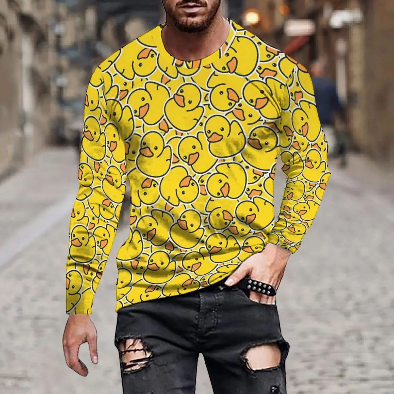 Autumn Breathable Loose Men\'s/Women\'s Fashion Casual Cartoon Yellow Duck Irregular Print Solid Color Hoodie Long Sleeve T-Shirt