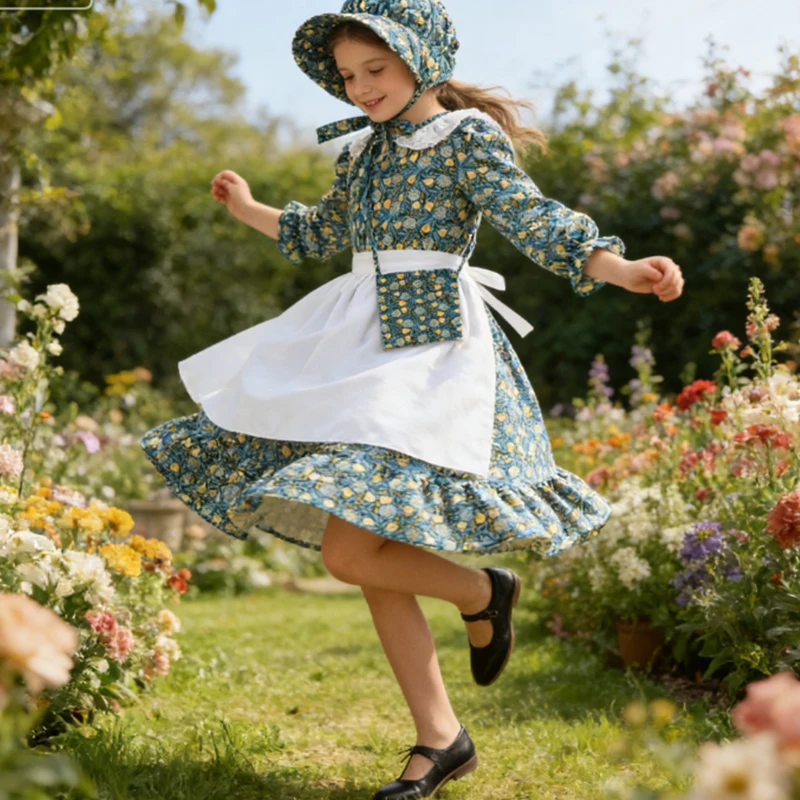 Girls Carnival White Costume Garden Maid Dress+Cap Vintage Dress Cosplay Costume Prairie Pioneer Princess Dress Birthday Dress