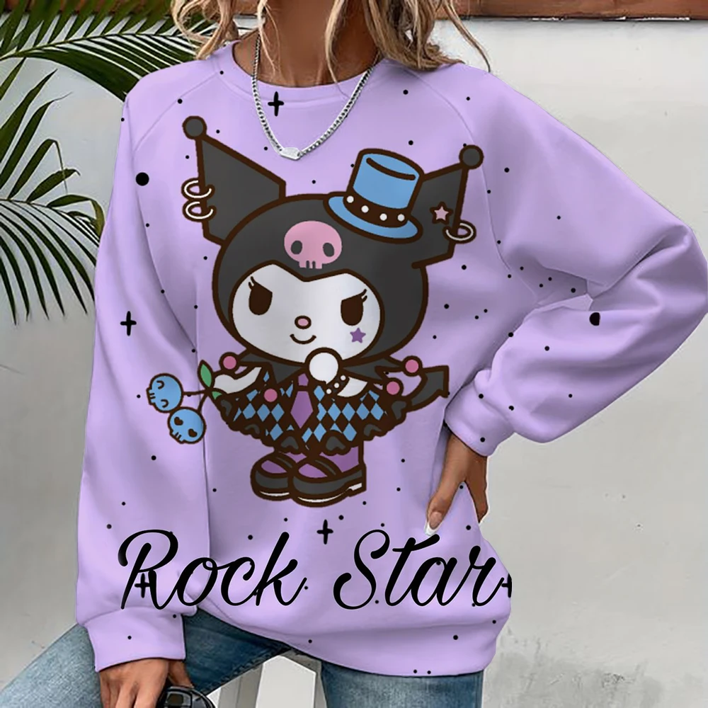 Women's Hello Kitty Coulomi Printed Sweatshirt, High Street Women's Hoodie, Y2K Pattern Clothing, Casual Round Neck Sweater