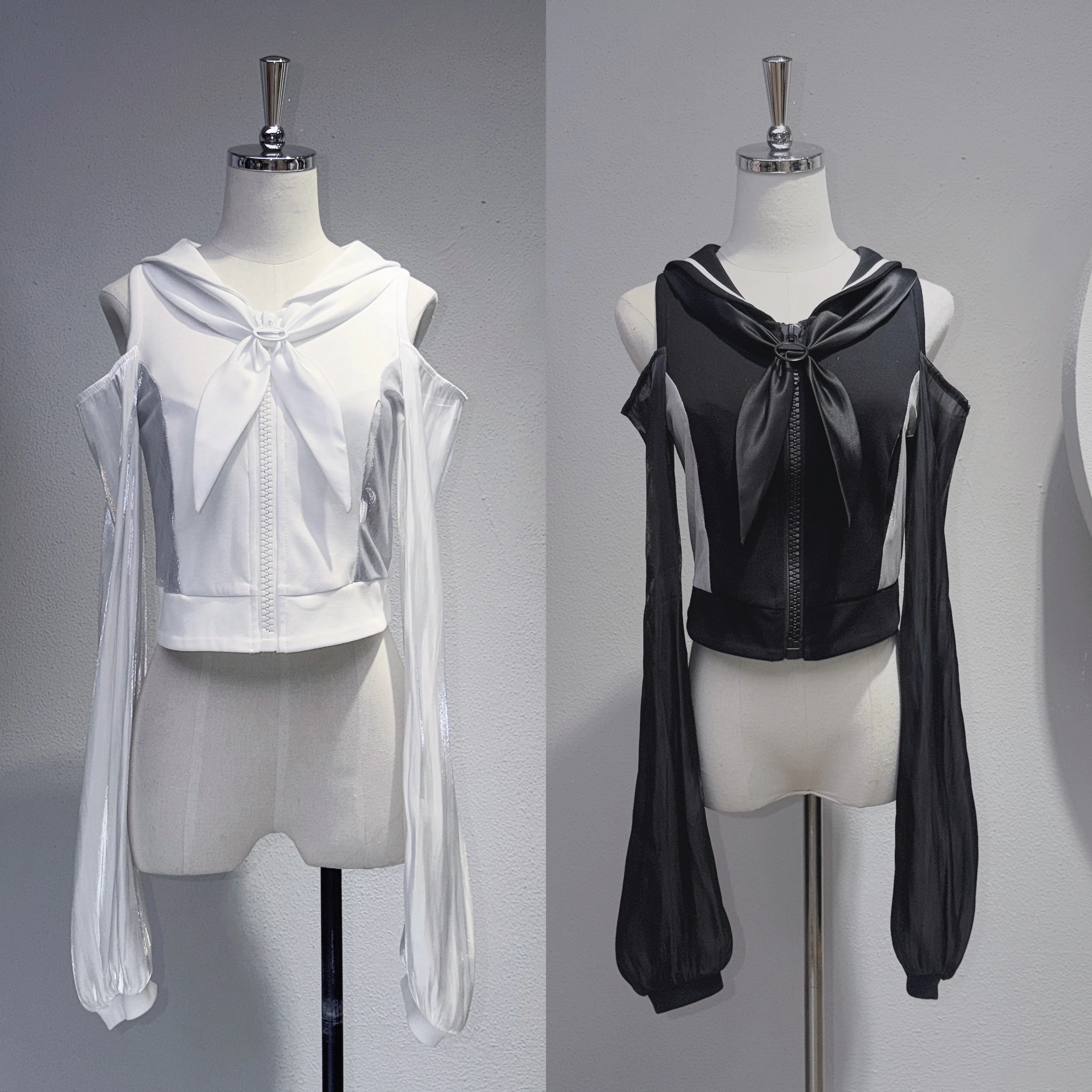 Gothic Sailor Collar Cropped Top Women Off Shoulder Sheer Long Sleeve Zipper Front Bow Decor Y2K Harajuku Short Blouse