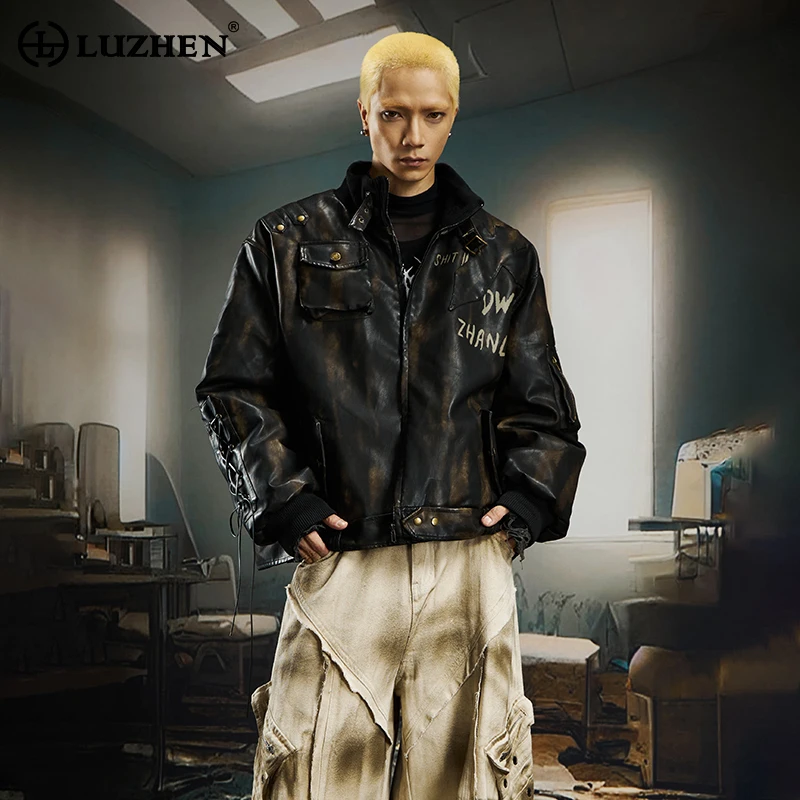 LUZHEN الأصلي خمر نمط التعادل مصبوغ جيوب تزيين الدراجات النارية سترة جلدية الرجال 2025 الشتاء الدافئة مبطن الملابس JY4958 #1