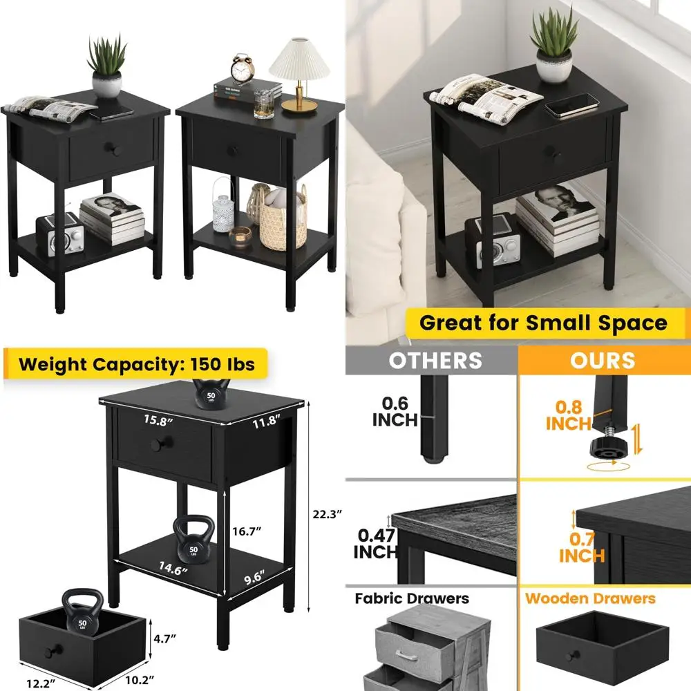 طاولات ليلية مزدوجة قوية مع أدراج، زوج من طاولات السرير الجانبية مع أرفف تخزين، طاولات جانبية لغرفة المعيشة وغرفة النوم ثقيلة