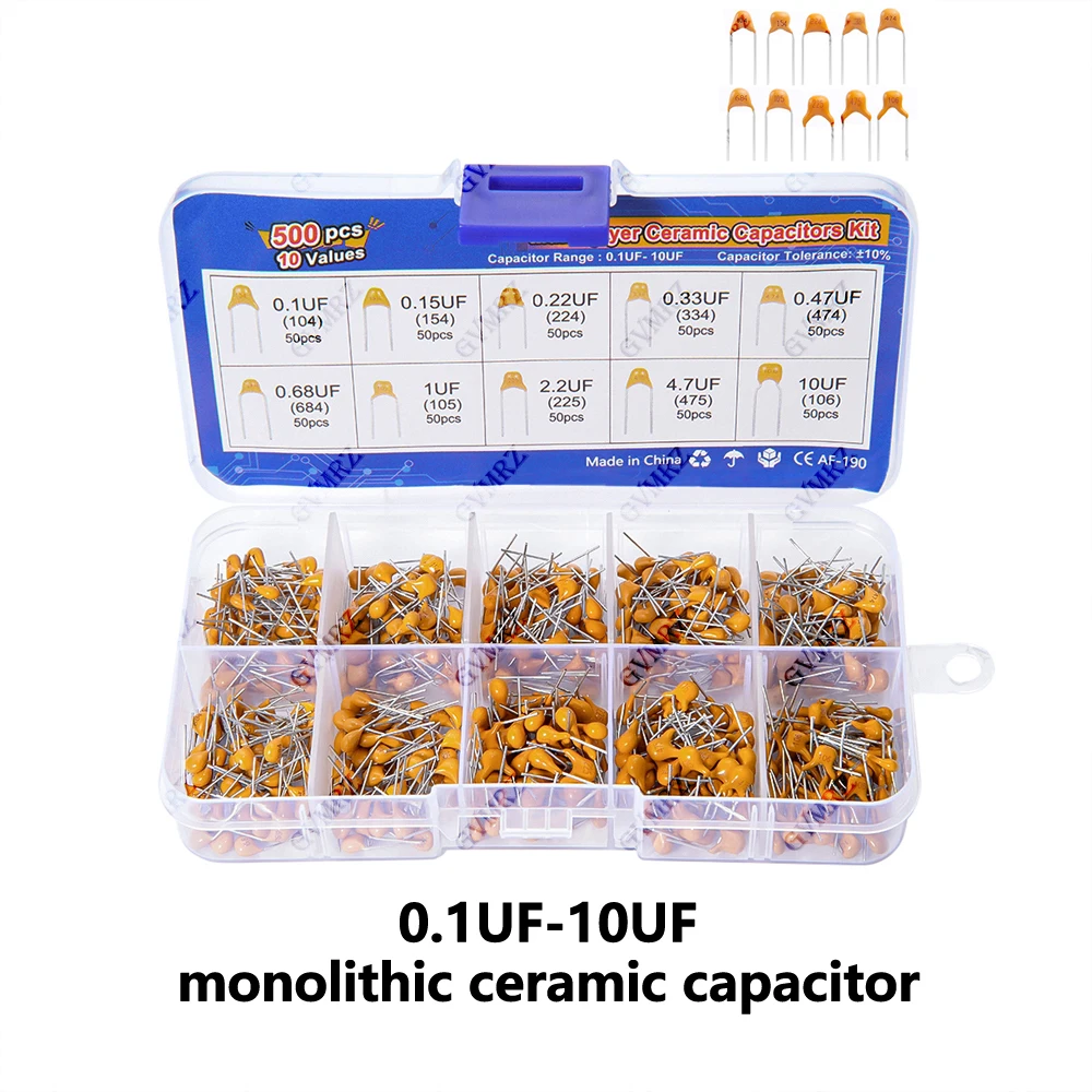 

10Values 0.22UF 0.33UF 0.47UF 0.68UF monolithic ceramic capacitor 0.1UF-10UF kit 0.15UF each 50PCS 1UF 2.2UF 4.7UF