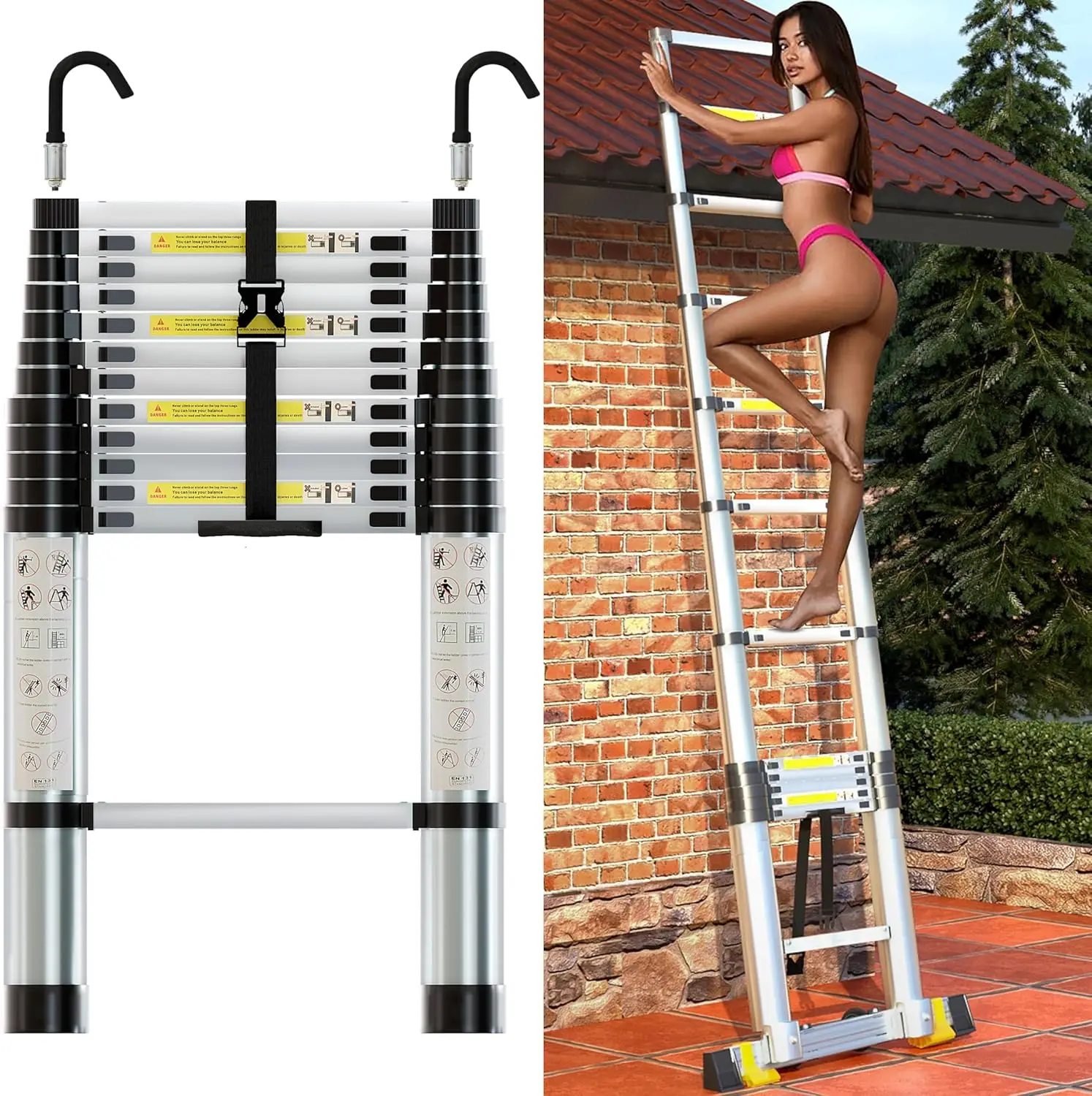 Telescoping Ladder 12.5 FT, Aluminum Extendable Ladder with 2 Detachable Hooks, Retractable Telescopic Extension Ladder for Indo