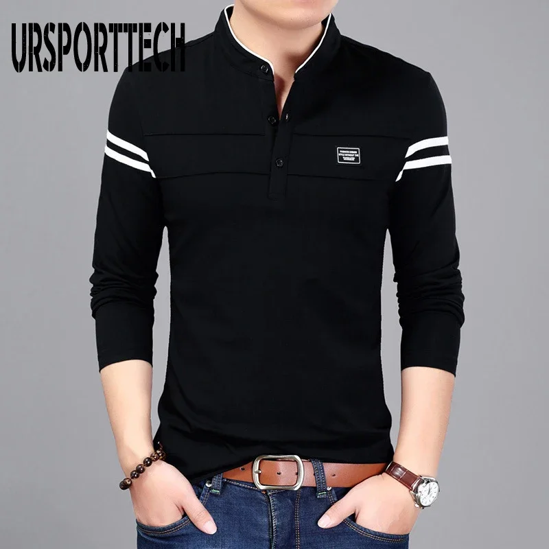 URSPORTTECH Men Long Sleeve T Shirt Spring Autumn Solid Tshirt Men's Clothing Mandarin Collar T-Shirts Tops Polo T Shirt for Men