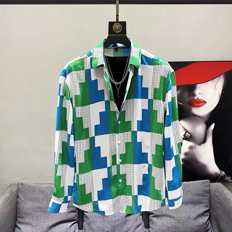 

2023 Spring Summer Autumn Fashion Classic Niche Design Ruffian Handsome Loose Casual Contrast Color Houndstooth Men's Shirt Z29