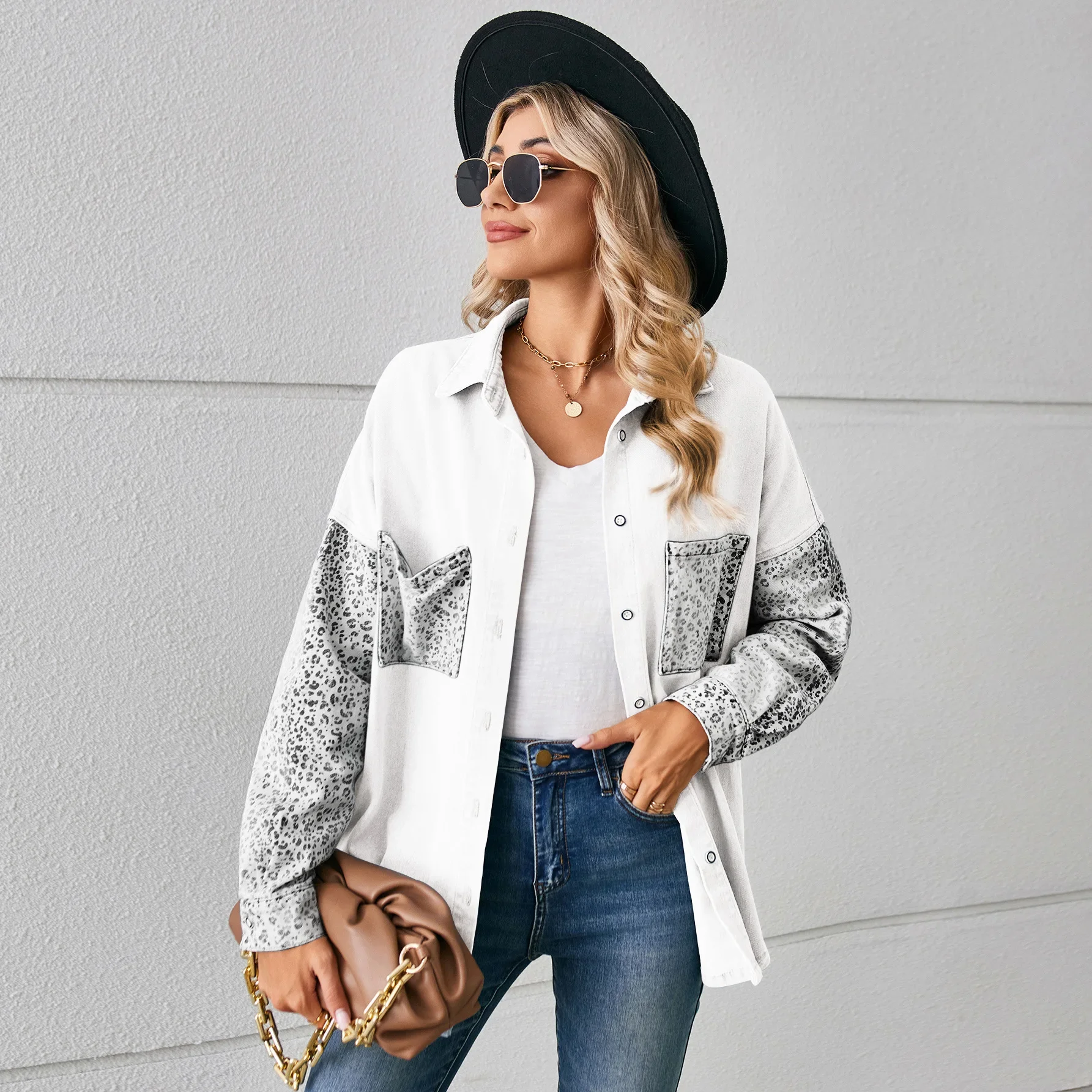 Denim Shirts for Women Leopard Print Blouse Patchwork Washed 2025 Outerwear Lapel Single Breasted Pockets Casual Overshirt Tops