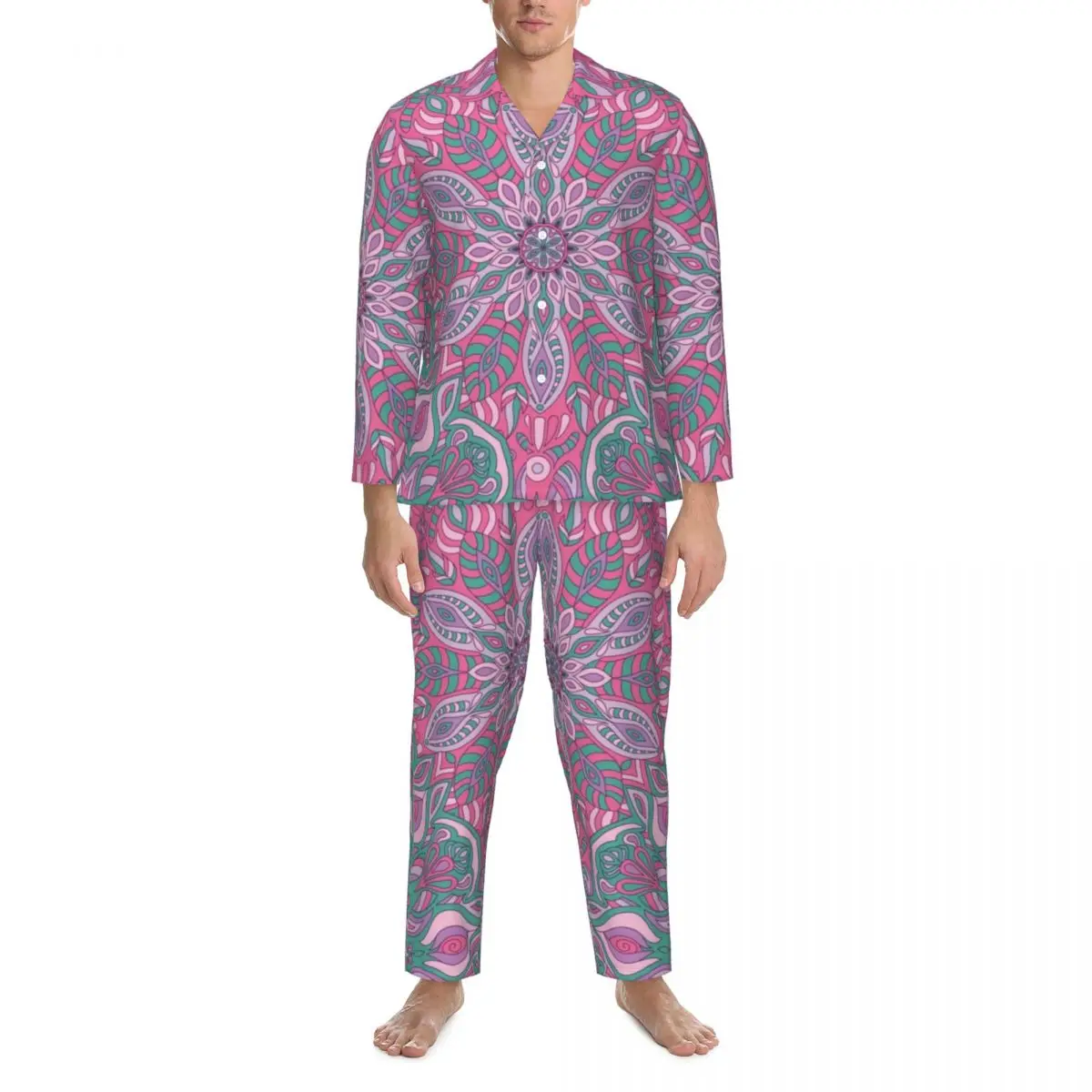 

Retro Bohemia Print Pajamas Set Autumn Pink Mandala Trendy Daily Sleepwear Men 2 Pieces Casual Oversized Design Nightwear