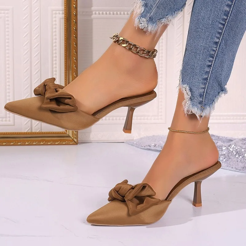 2024 Summer New Style Pointed Toe Shallow Mouth Fashion Bow Sexy Thin Heel Casual Large Size Women's High Heel Half Drag 35-43