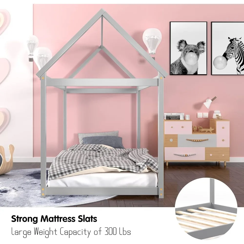 سرير توأم هاوس، سرير منخفض الطابق مع سقف، سرير أرضية مونتيسوري، لا حاجة إلى صندوق زنبركي، إطار سرير خشبي مزدوج الحجم للأطفال #6