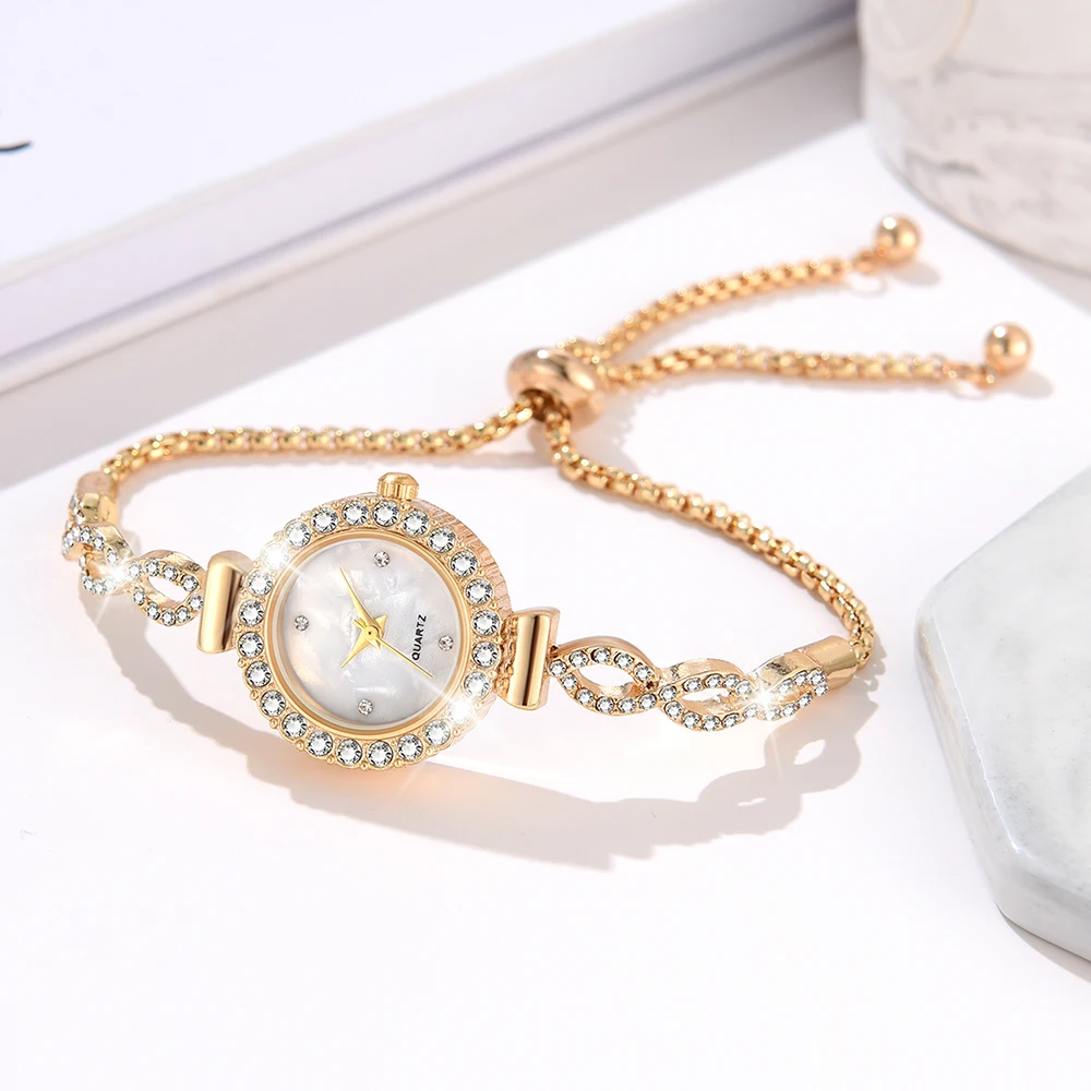 6PCS/Set Gold Women Watch Fashion Luxury Dial Quartz Wristwatch Telescopic Chain Band Watch Jewelry Set Gift For Mother