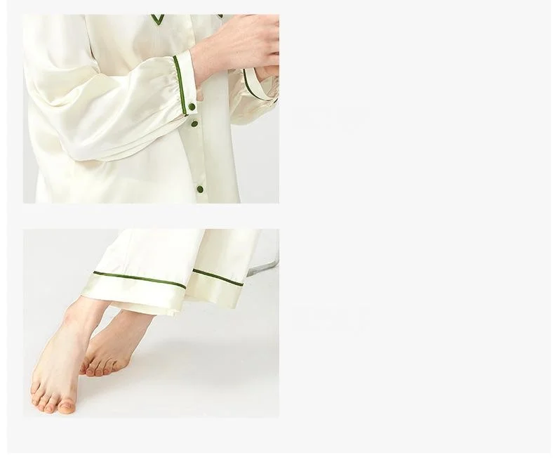 Women's New Summer Silk Pajamas Set - 100% Mulberry Silk Loungewear with Doll Collar, Embroidered Long Sleeves and Long Pants