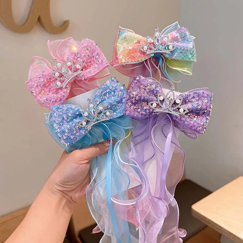 Children's Ice and Snow Princess Bow Sparkling Ribbon Hairpin Little Girl Crown Jewel Top Clip Braided Fairy Hairpin