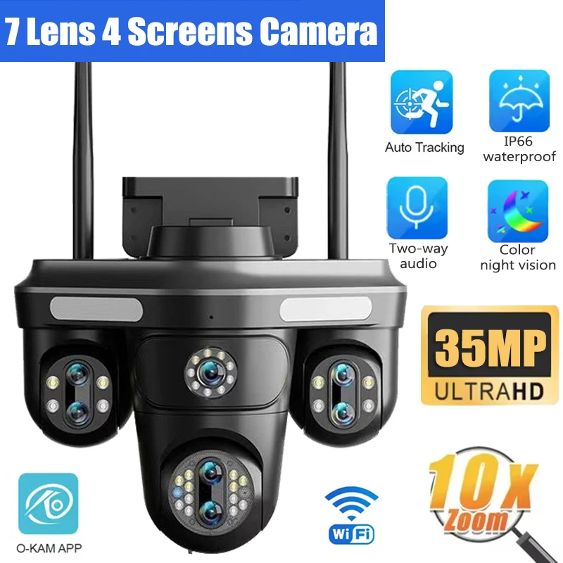 

35MP 7 Lens IP Camera Outdoor 10X Zoom Four Screen Wireless Surveillance Cam Auto Tracking WiFi Waterproof Security CCTV Camera