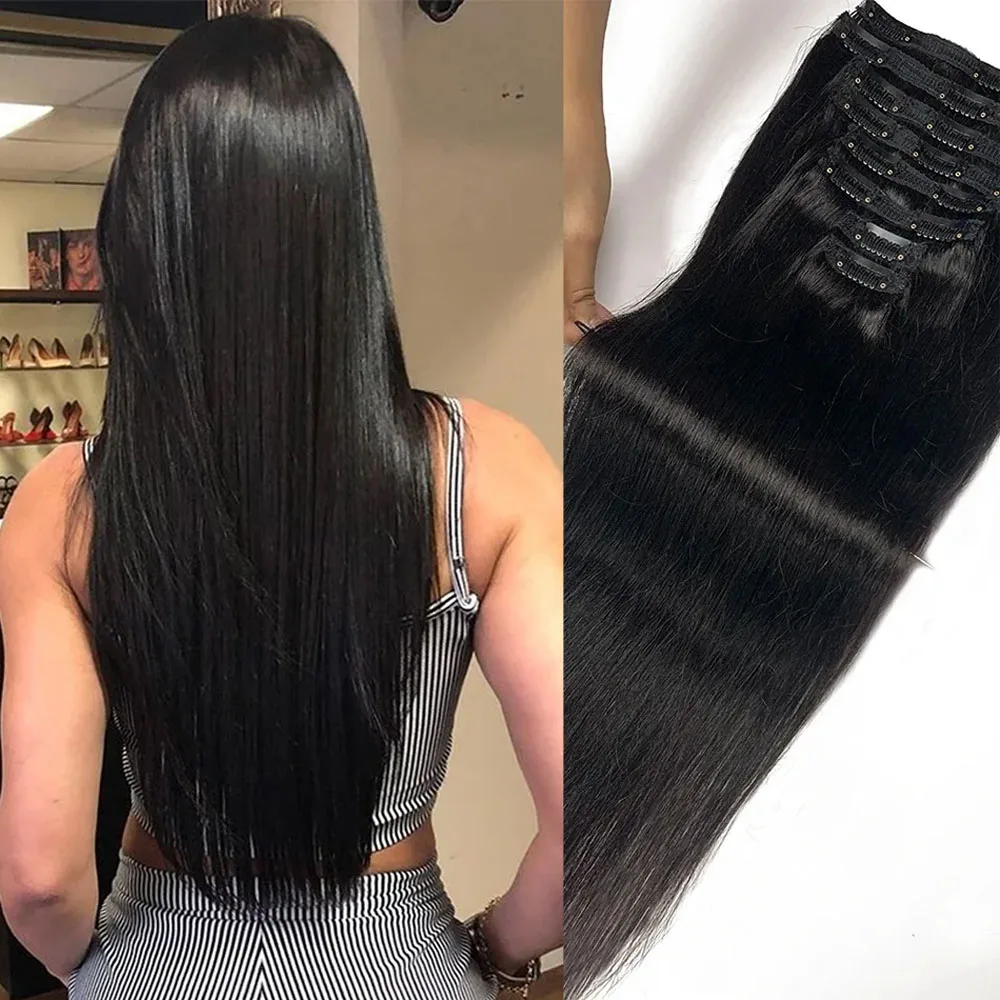 Extensiones de cabello con Clip, cabello humano liso, 100% sin procesar, cabeza completa, cabello humano virgen brasileño, Color Natural, Clip ins Hair