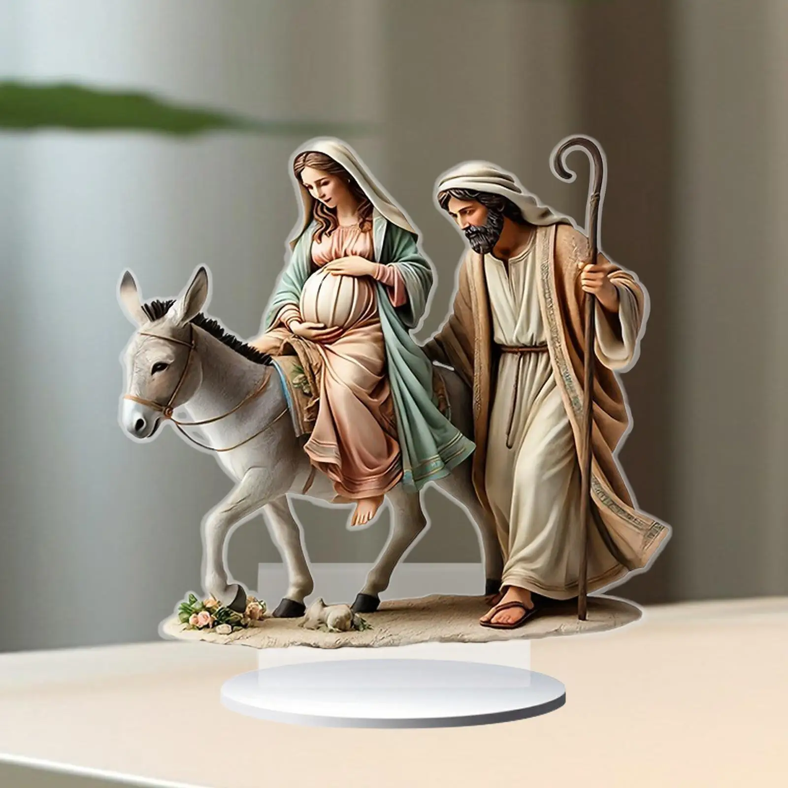 Jesus Nativity Statue 2D Flat Acrylic Ornament with Holder Xmas Figurine for