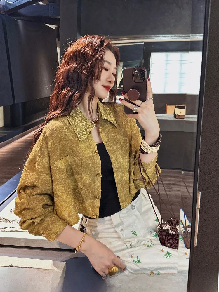 

Ele Bla Floral Lace Trim Silk Blend Women's irt 2025 Spring Season Commute Sle Loose Fit Long Sve Breathable