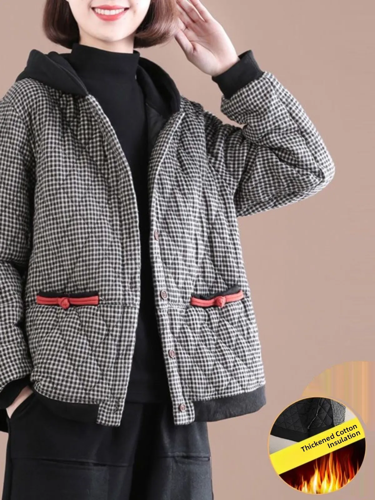 

Осень-зима, свободная клетчатая хлопковая куртка, верхняя одежда, повседневная хлопково-льняная одежда большого размера с капюшоном, женская одежда