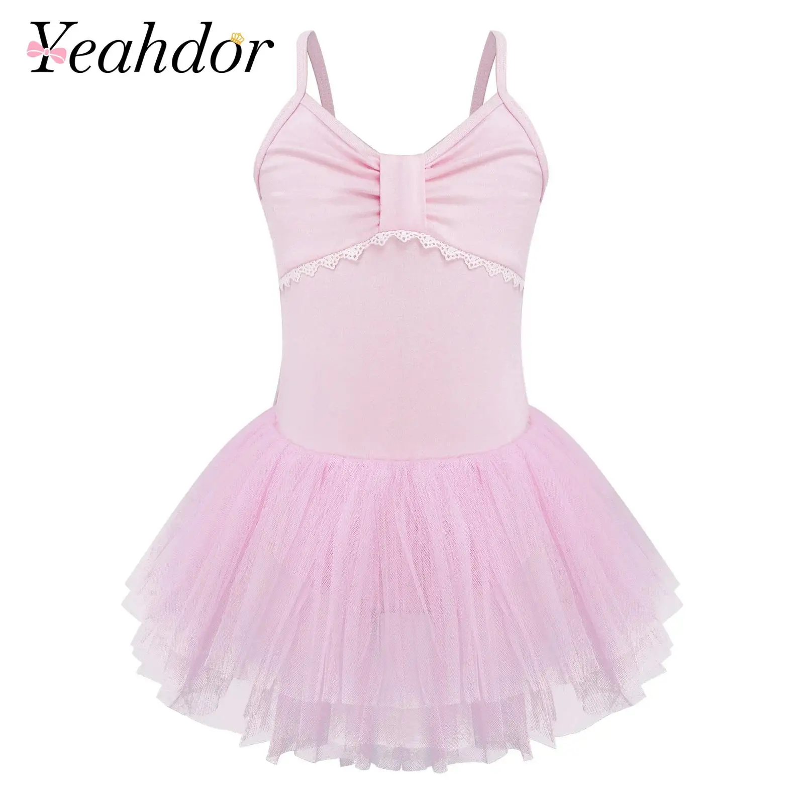 Kids Girls Ballet Dance Dress Spaghetti Straps Ruched Lace Trim Bodice Tulle Dress for Ballerina Practice Performance Outfits