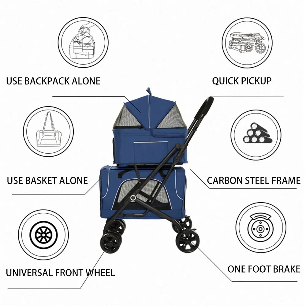 New Arrival Foldable Luxury Small Medium Animals Oxford Fabric Push Trolley Carrier Travel Carriage Pet Stroller