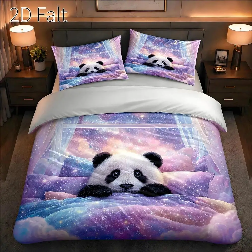 3-Piece Quilt Cover Set, 1 Quilt Cover + 2 Pillowcases (Without Filling) 2D Flat Printing, Purple Panda Theme, Dreamy Starry Sky Style, International Panda Festival, Suitable for All Seasons, Machine Washable, Invisible Zipper, Suitable for Home, Dormitory, Master Bedroom, Guest Room